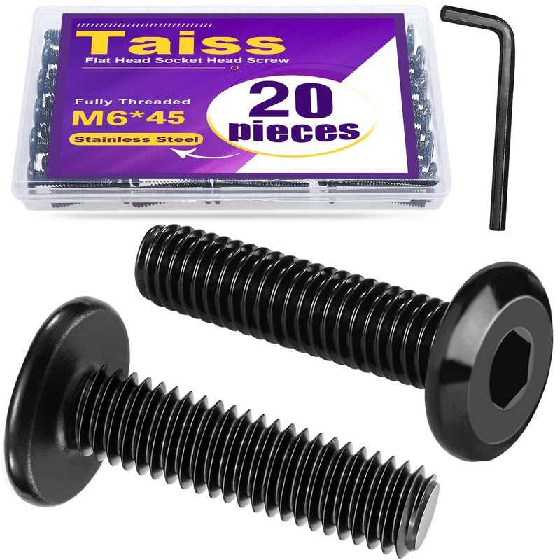 Taiss 20pcs M6 x 45mm Flat Head Socket Head Screw Furniture Bolts,Furniture Screws Stainless Steel 18-8(304),M6 Bolts Black Zinc Plated Fully Threaded,Countersunk Connector M6 Screws with Hex Spanner - Image 1
