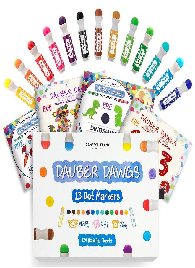 Cameron Frank Products - Washable Dot Markers 13 Pack With 124 Activity Sheets For Kids, Gift Set With Toddler Art Activities, Preschool Children Arts Crafts Supplies Kit, Special Holiday Bingo Dabbers Dobbers, Dauber Dawgs - Image 1