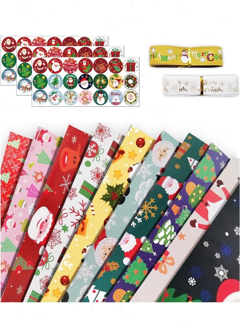 10 Sheets Christmas Wrapping Paper for Kids Boys Girls Man Women Gift's, Holiday Gift Wrap Paper with 63Pcs Gift Tag Stickers and 2 Rolls of Gift Ribbons Christmas Decorations - Image 1