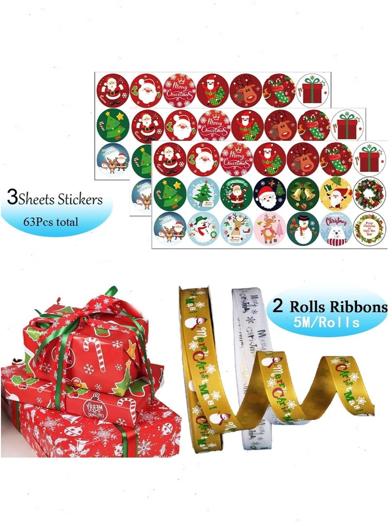 10 Sheets Christmas Wrapping Paper for Kids Boys Girls Man Women Gift's, Holiday Gift Wrap Paper with 63Pcs Gift Tag Stickers and 2 Rolls of Gift Ribbons Christmas Decorations - Image 3