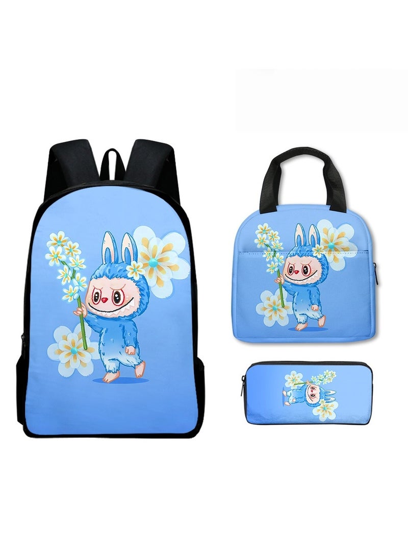 لابوبو حقيبة ظهر لابوبو الابتدائية، بتصميم كرتوني، مقاس 40*30*13 سم، حقيبة غداء مقاس 21*20*11.5 سم، حقيبة أقلام مقاس 22*11*5 سم، طقم من ثلاث قطع. - Image 1