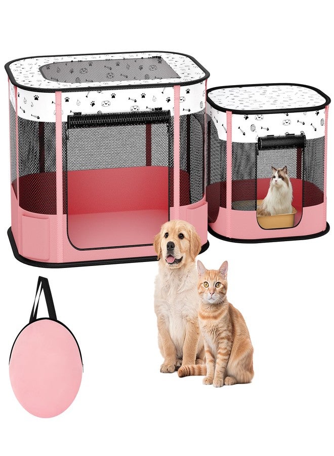 DESELL Portable Cat Playpen, 8-Rod Reinforced Kitten Dog Playpens, Foldable Play Pen for Indoor Cats Enclosed Pet Puppy Doggy Outdoor, Collapsible Tent Kennel Cage, Pink - Image 1