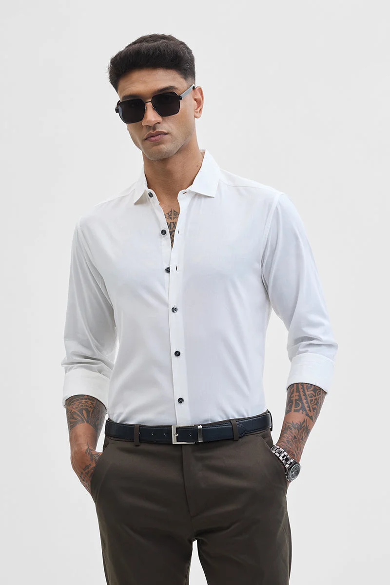 SNITCH White Solid Long Sleeve Slim Fit Formal Shirt