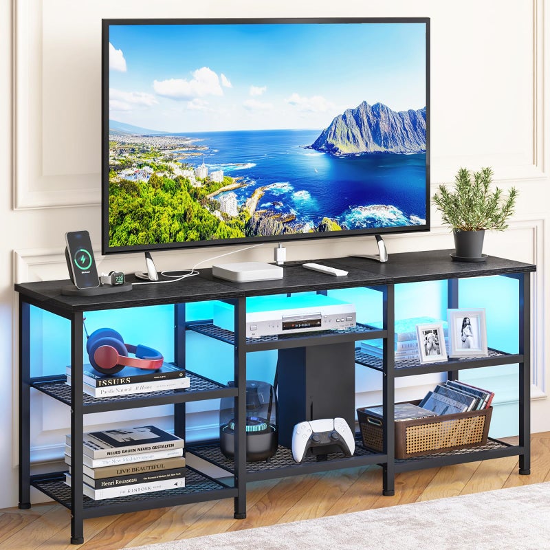 YGEOMER TV Stand for TVs Up to 55 Inches, Entertainment Center with Power Outlet and LED Lights Open Storage Shelves, TV Media Console Table for Living Room and Bedroom, Black - Image 1