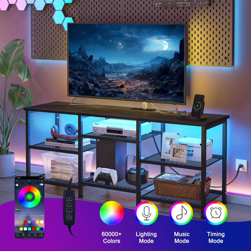 YGEOMER TV Stand for TVs Up to 55 Inches, Entertainment Center with Power Outlet and LED Lights Open Storage Shelves, TV Media Console Table for Living Room and Bedroom, Black - Image 4