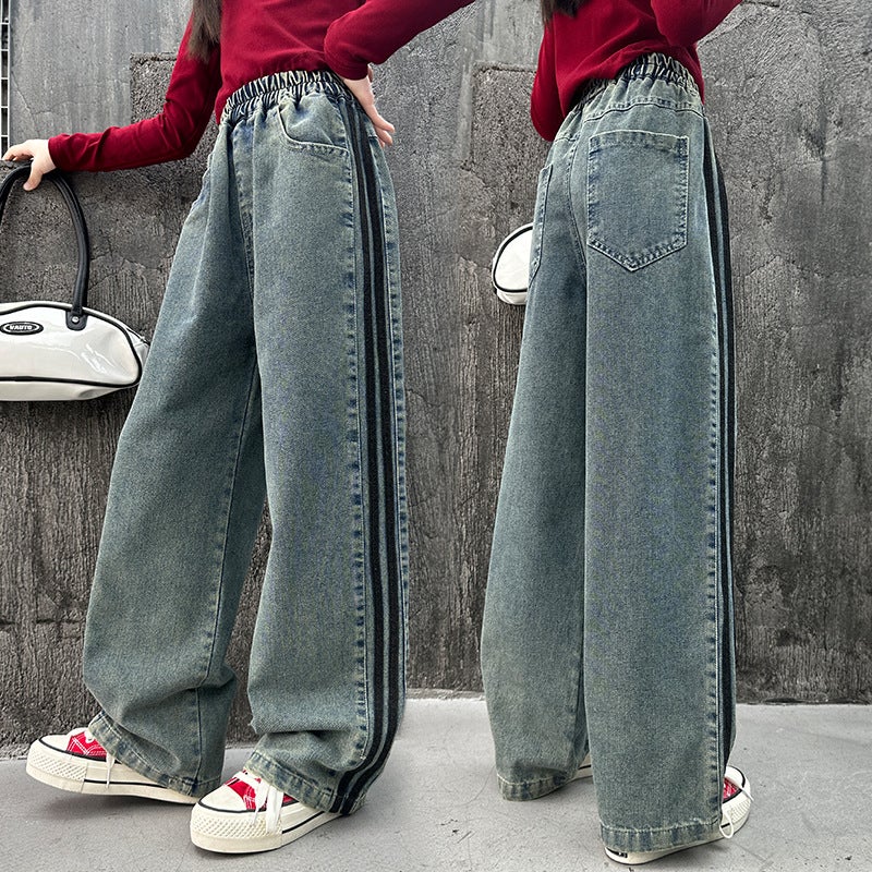 Children'S Jeans 2025 Spring & Fall New Style Medium And Large Kidsren'S Straight Loose Pants For Boys And Girls American Style Wide-Leg Pants - Image 1