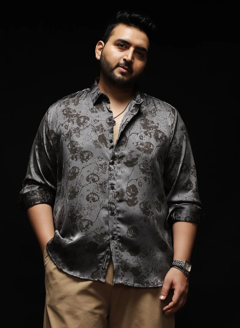 Instafab Plus Instafab Plus Men's Moon Grey Faded-Flora Jacquard Shirt | Spread Collar , Long Cuffed Sleeves , Button Closure , Curved Hemline | Botanical Jacquard Cotton-Blend Material For Casual & Evening Wear