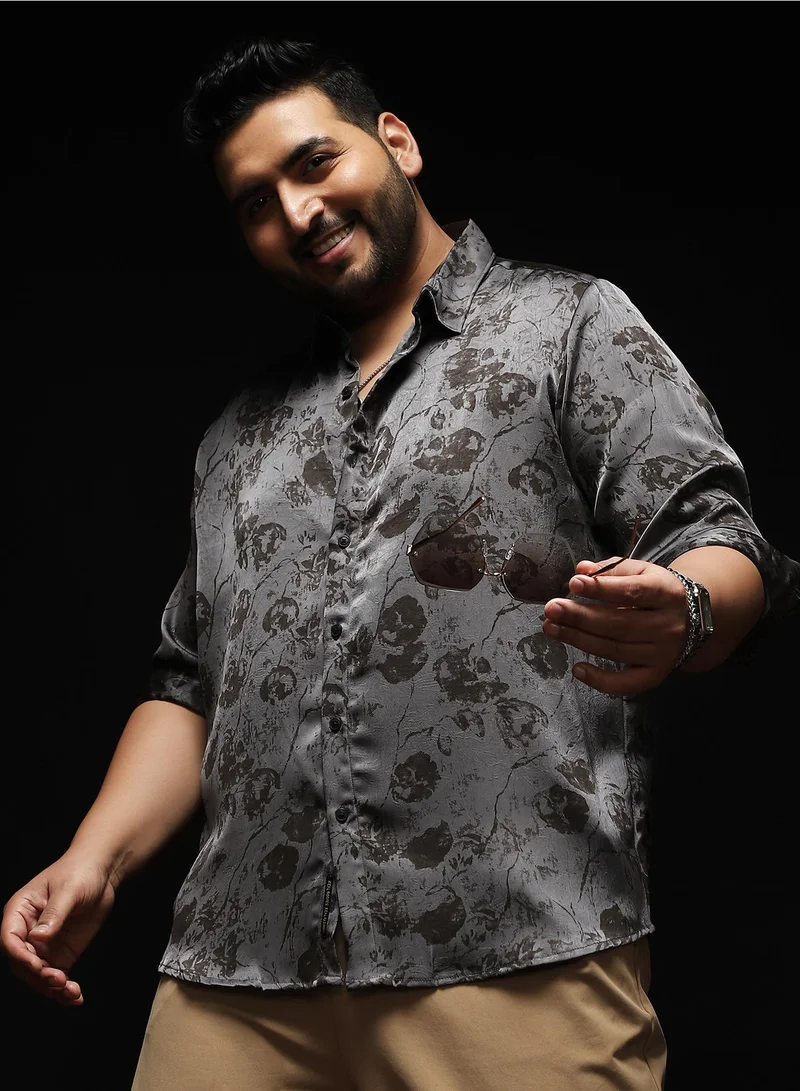 Instafab Plus Instafab Plus Men's Moon Grey Faded-Flora Jacquard Shirt | Spread Collar , Long Cuffed Sleeves , Button Closure , Curved Hemline | Botanical Jacquard Cotton-Blend Material For Casual & Evening Wear