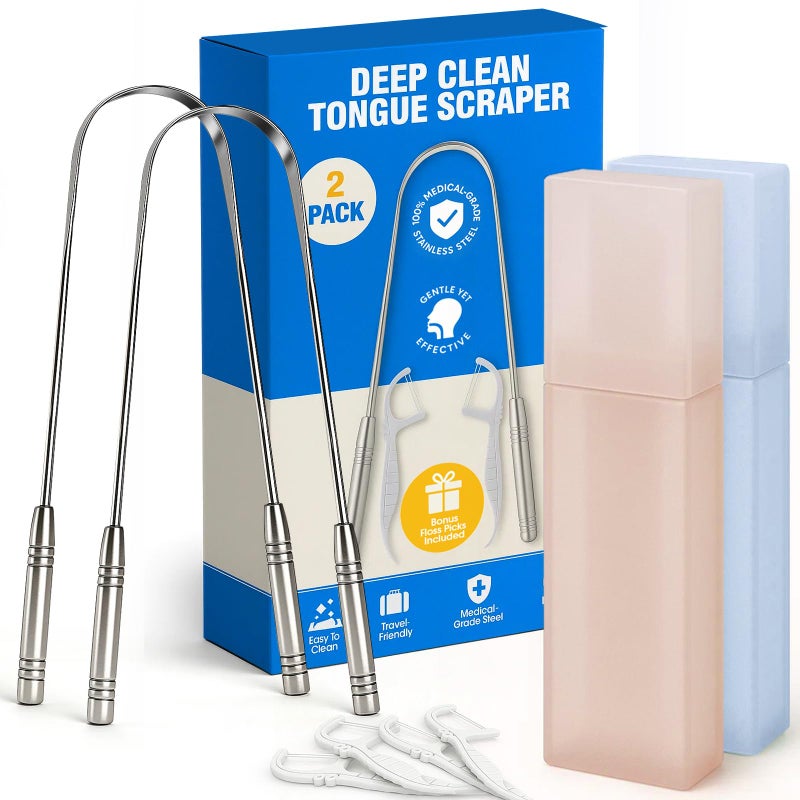 COSMOPLUS Stainless Tongue Scraper Set for Adultsï¼š Easy To Use For Oral Care and Hygiene â€“ Pack Of 2 Stainless Steel Tongue Cleaners, 2 Travel Cases, 4 Floss Picks â€“ Cleaning for Tongue Care & Fresh Breath - Image 1