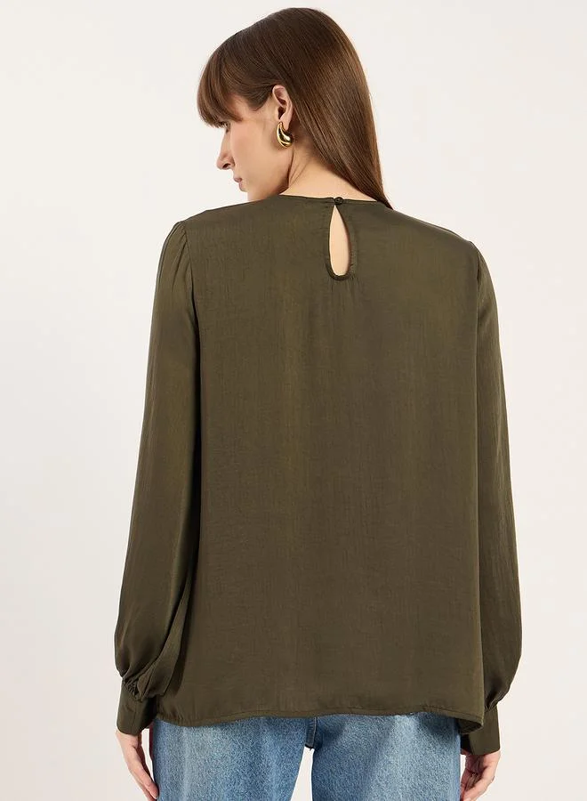 Femmella Women Olive Lace Balloon Sleeve Top