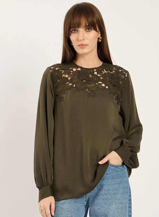 Femmella Women Olive Lace Balloon Sleeve Top
