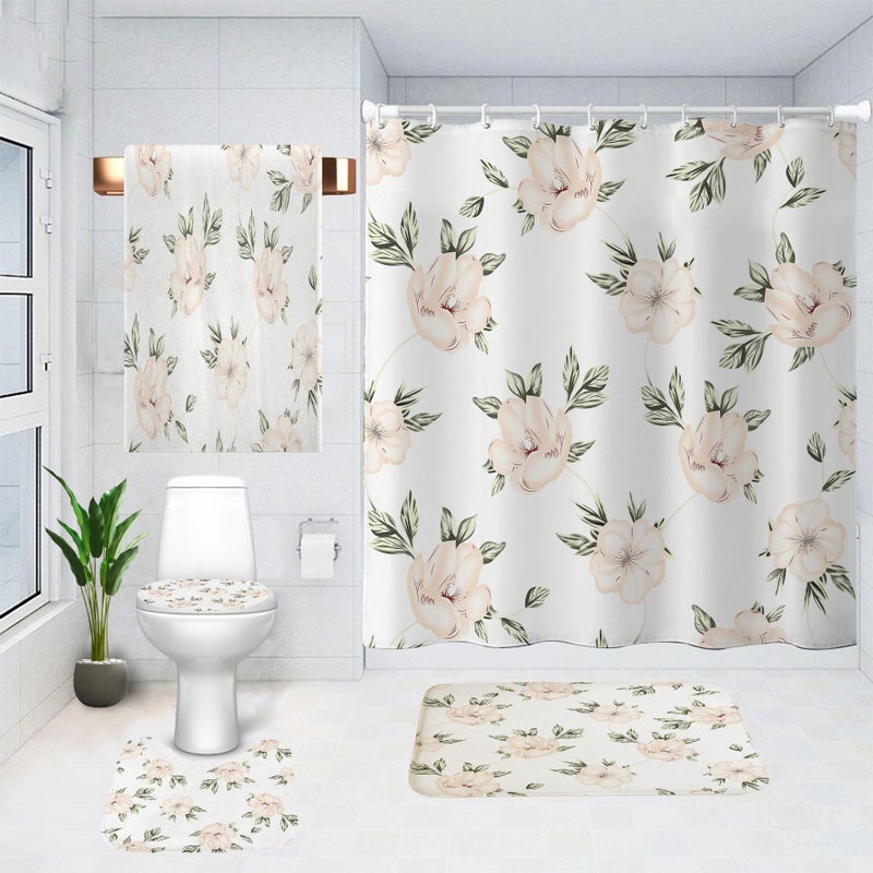 Mightree Bathroom Shower Curtains Sets 5 pcs Waterproof Fabric Bathroom Curtain with 12 Hooks Toilet Lid Cover and Bath Mat NonSlip Rug Foot mat Beach Towel Pink Butterfly Large