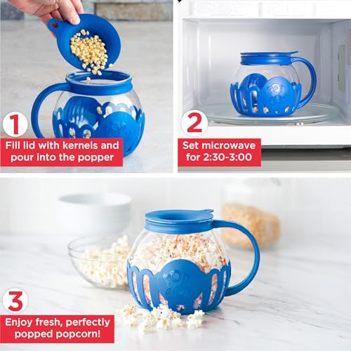 Ecolution Patented Micro-Pop Microwave Popcorn Popper with Temperature Safe Glass, 3-in-1 Lid Measures Kernels and Melts Butter, Made Without BPA, Dishwasher Safe, 1.5-Quart, Blue - Image 2