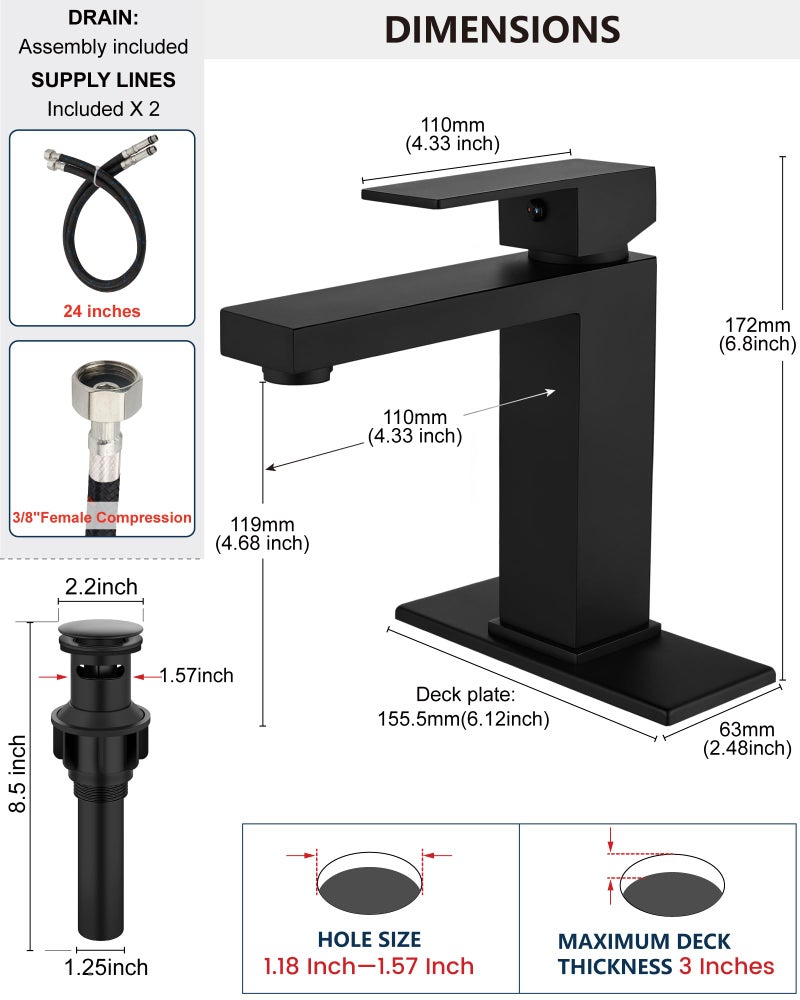 Midanya Bathroom Faucet 1 Hole, Single Handle Stainless Steel Bathroom Sink Faucet, Modern Vanity Faucets with Deck Plate,Water Supply Hoses and Pop Up Drain,Matte Black - Image 3