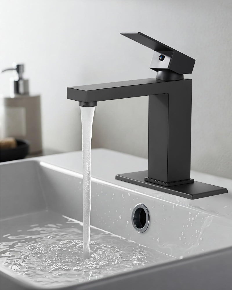 Midanya Bathroom Faucet 1 Hole, Single Handle Stainless Steel Bathroom Sink Faucet, Modern Vanity Faucets with Deck Plate,Water Supply Hoses and Pop Up Drain,Matte Black - Image 4
