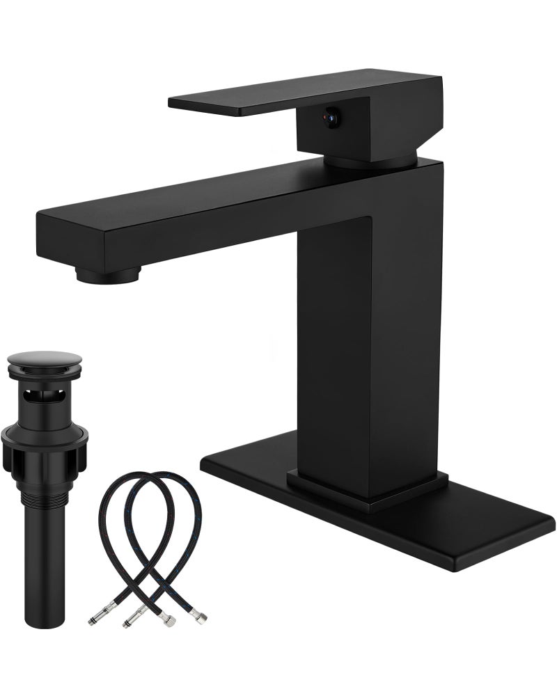 Midanya Bathroom Faucet 1 Hole, Single Handle Stainless Steel Bathroom Sink Faucet, Modern Vanity Faucets with Deck Plate,Water Supply Hoses and Pop Up Drain,Matte Black - Image 1