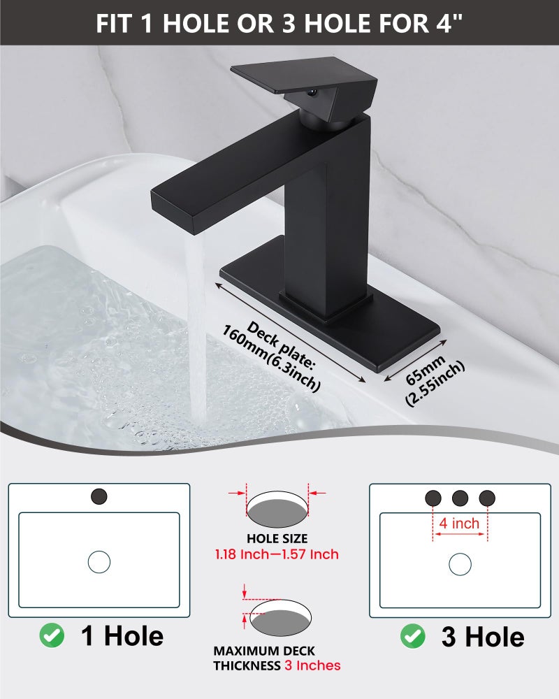 Midanya Bathroom Faucet 1 Hole, Single Handle Stainless Steel Bathroom Sink Faucet, Modern Vanity Faucets with Deck Plate,Water Supply Hoses and Pop Up Drain,Matte Black - Image 2