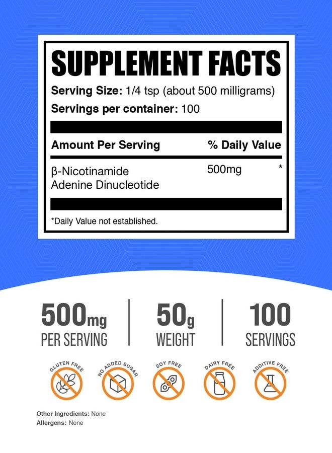BulkSupplements.com NAD Powder - Nicotinamide Adenine Dinucleotide, NAD Supplement 500mg - for Energy Support, Pure & Gluten Free, 500mg per Serving, 50g (1.8 oz) (Pack of 1) - Image 2