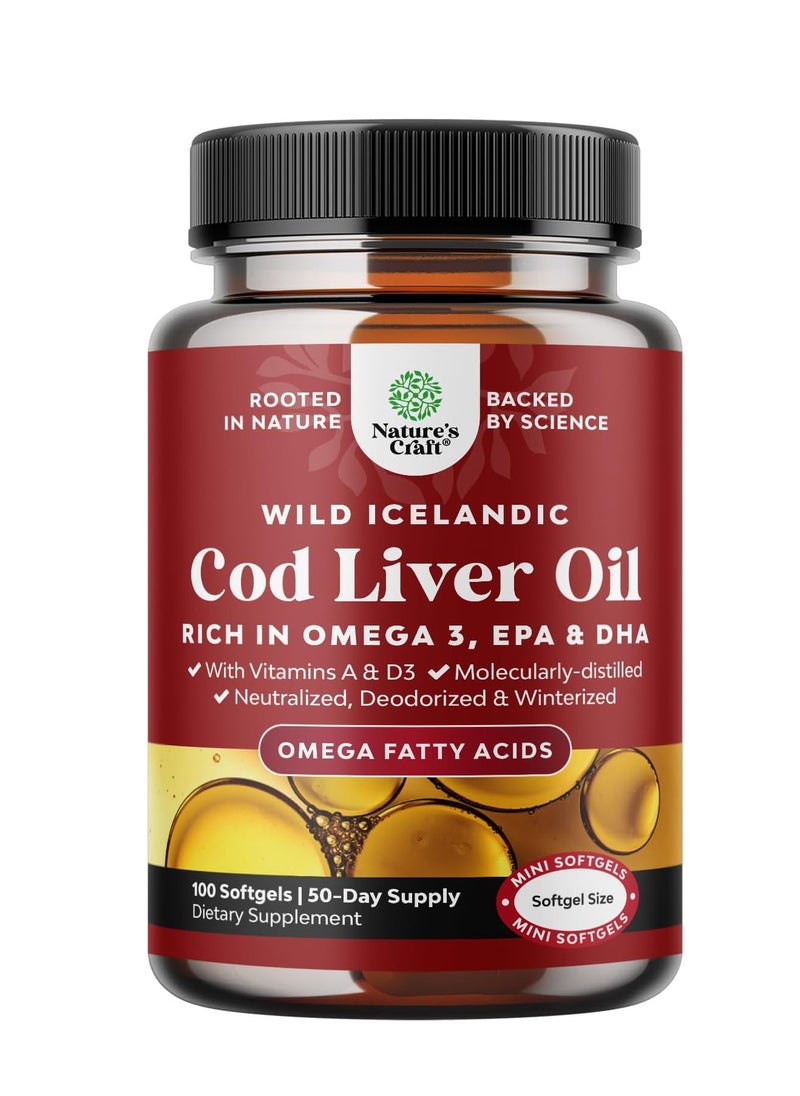 Nature's Craft Icelandic Cod Liver Oil Softgels Wild Caught Epa Dha Omega 3 Fish Oil 1000Mg Per Serving 
