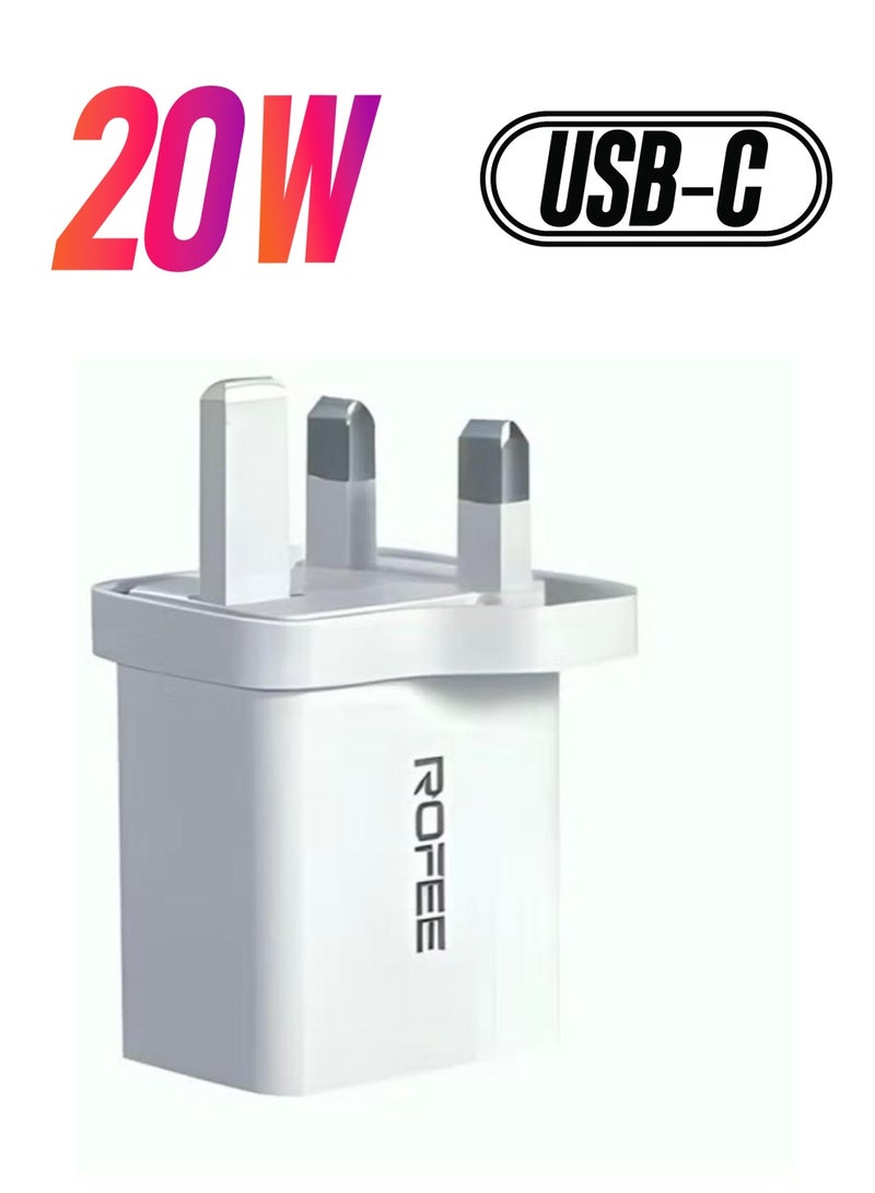 روفی شاحن حائط بمنفذ مزدوج بقدرة 20 وات USB C ومحول USB A شاحن فائق السرعة ومحول 3 دبابيس باللون الأبيض - Image 1
