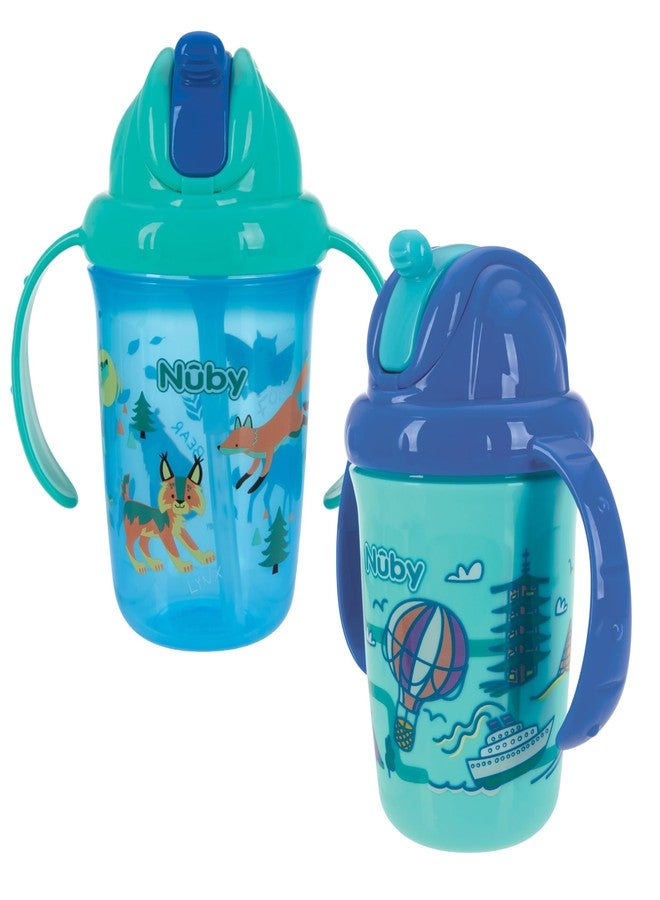 Nuby No-Spill Trainer Soft Straw Two Handle Cup | Flip-n Sip | 2 Pack: Blue Animals & Cars, Aqua Travel & Pink Animals or Ocean | 8oz/ 240 ml | 12+ Months - Image 1