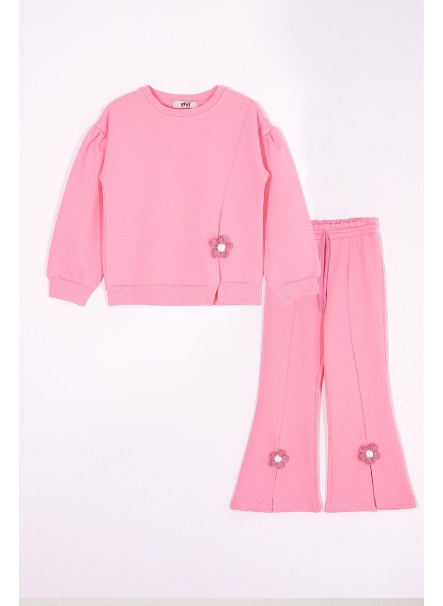 Zepkids Crew Neck Long Sleeve Daisy Detail on the Slit Long Sleeve Pink Color Girls Tracksuit Set  - Image 1