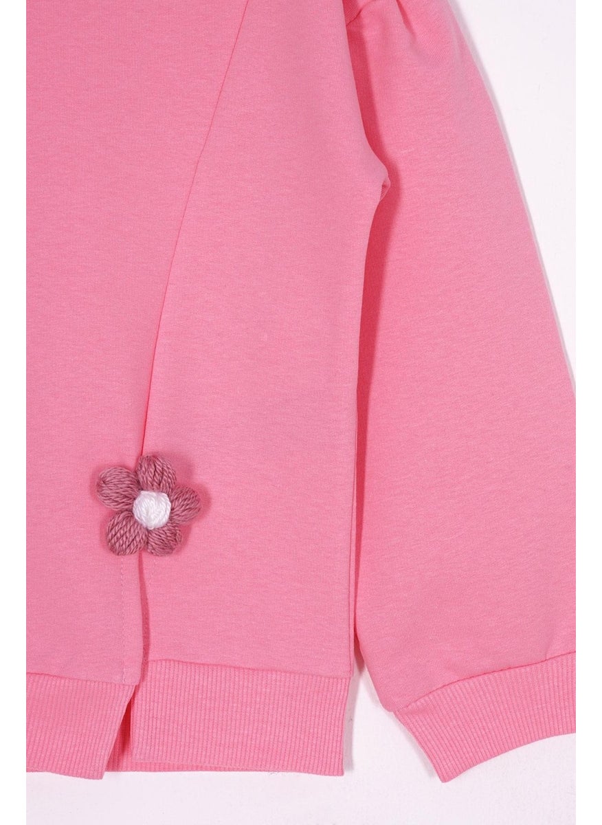 Zepkids Crew Neck Long Sleeve Daisy Detail on the Slit Long Sleeve Pink Color Girls Tracksuit Set  - Image 3