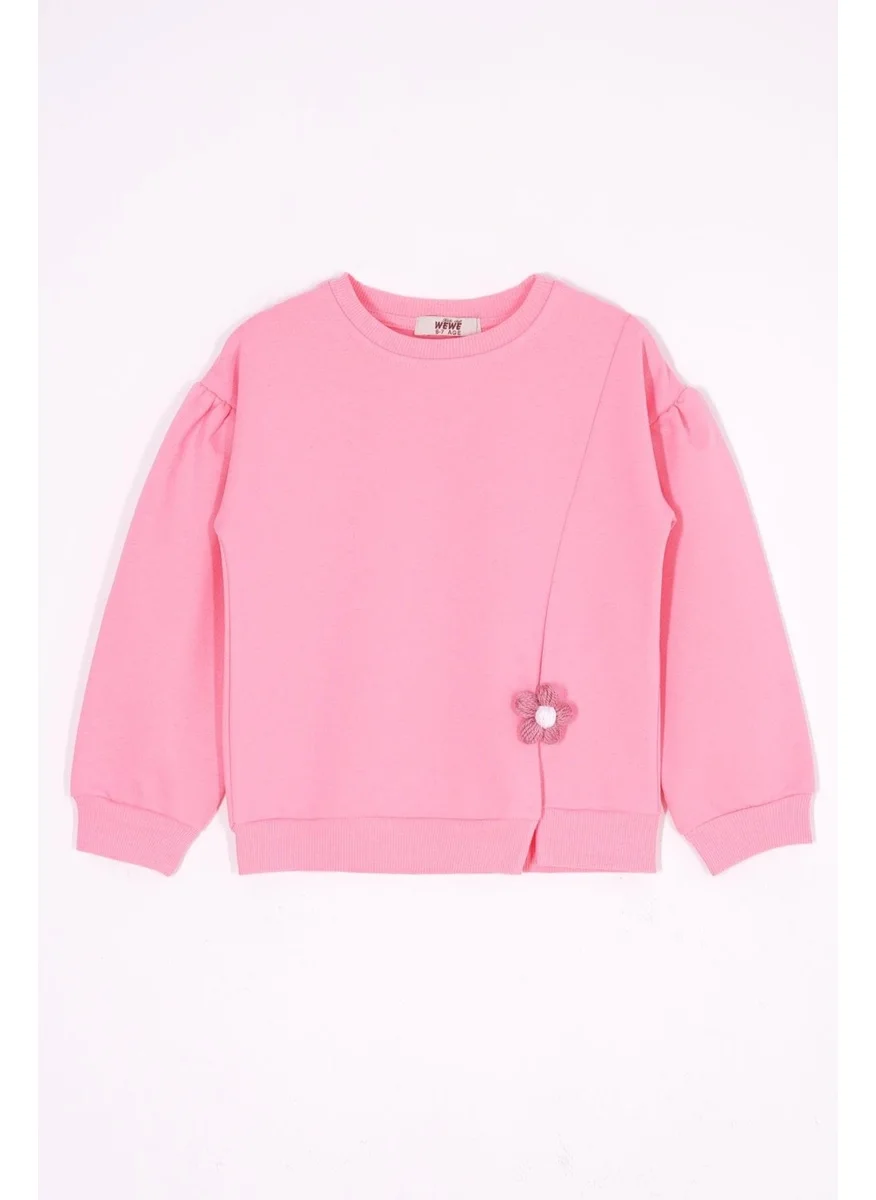 Zepkids Crew Neck Long Sleeve Daisy Detail on the Slit Long Sleeve Pink Color Girls Tracksuit Set