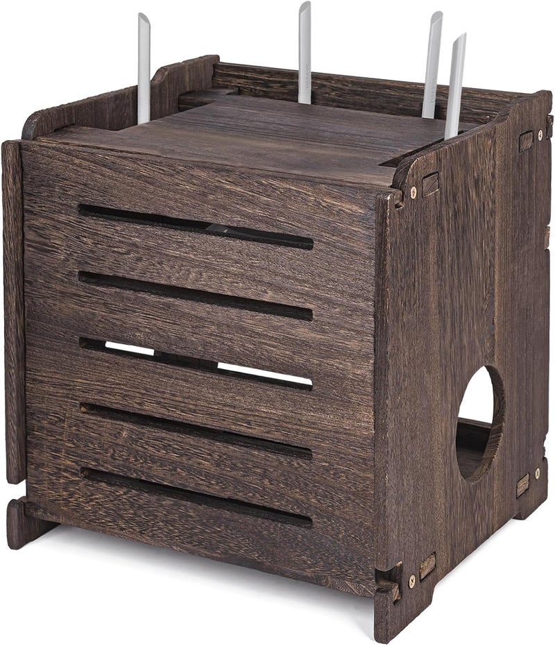 BEARUT Wooden Wireless WiFi Router Storage Box Modem Router Cover Wood Shelf Power Strip and Cable Management Hider Rack Office Desktop Organizer Shelves Rural Need Assembly - Image 1