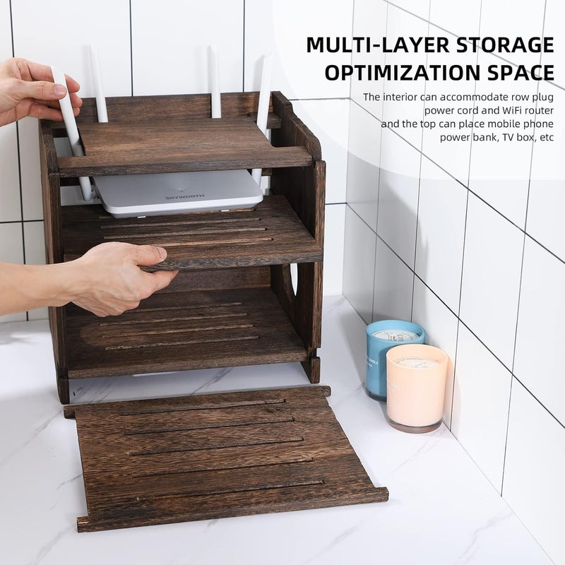 BEARUT Wooden Wireless WiFi Router Storage Box Modem Router Cover Wood Shelf Power Strip and Cable Management Hider Rack Office Desktop Organizer Shelves Rural Need Assembly - Image 3