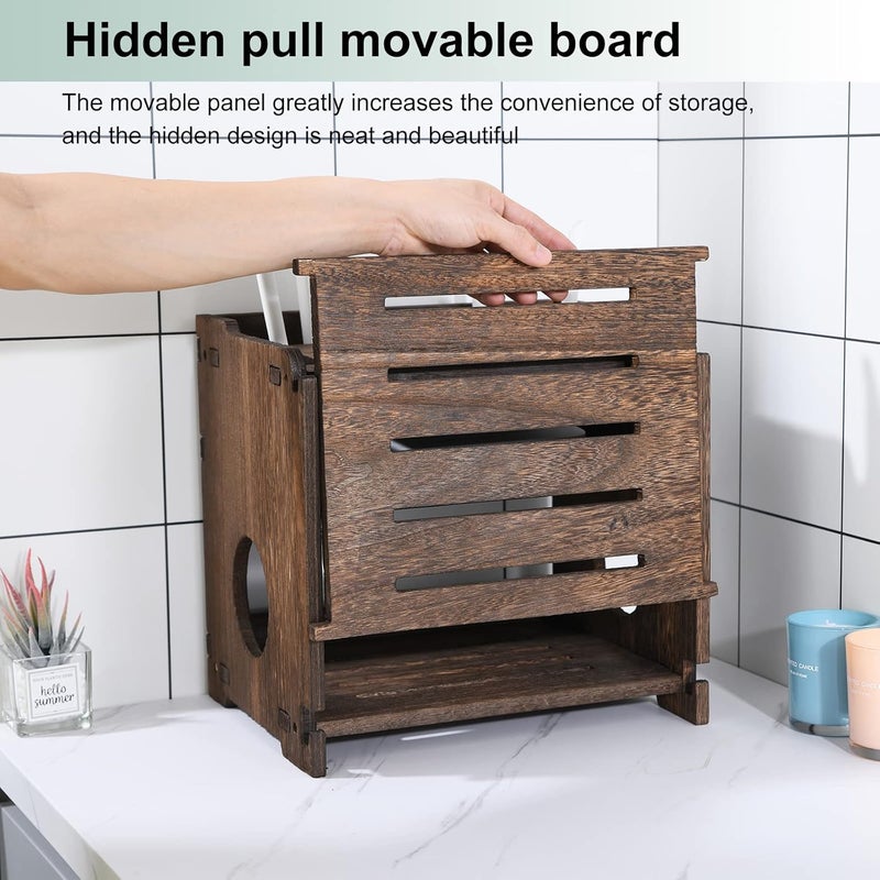 BEARUT Wooden Wireless WiFi Router Storage Box Modem Router Cover Wood Shelf Power Strip and Cable Management Hider Rack Office Desktop Organizer Shelves Rural Need Assembly - Image 4