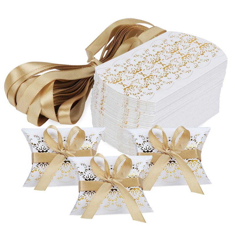 HSEAMALL Pillow Shape Wedding Favour Boxes Party Gift Box Sweets Candy Box 50Pack Gold Print