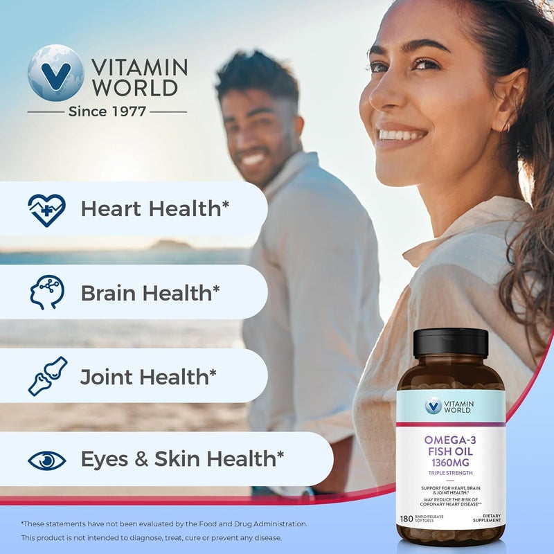 Vitamin World Triple Strength Omega 3 Fish Oil 1360 mg Supplement 950 mg Active Omega3 Fatty Acids with EPA  DHA Supports Heart Brain  Joint Health Gluten Free 180 Softgels 6 Months Supply - Image 4