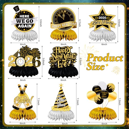 JULMELON Happy New Year Decorations 2026 8 PCS New Years Honeycomb Centerpieces Table Decorations Black and Gold Table Toppers Decor for New Year Eve Party Supplies Favors - Image 5