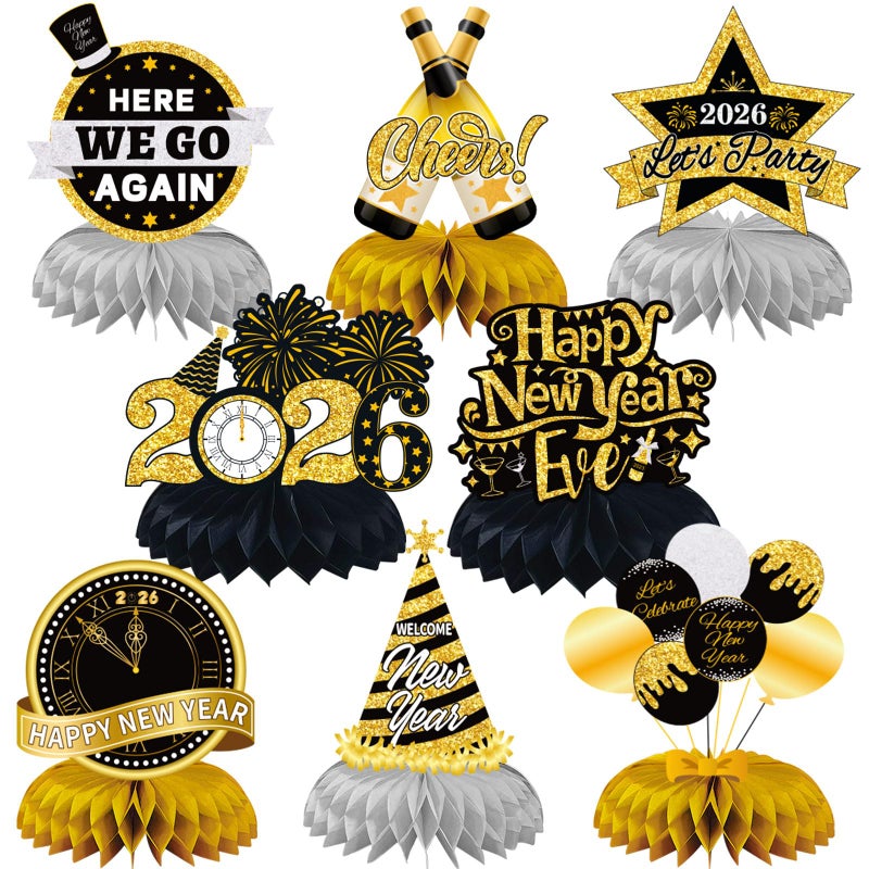JULMELON Happy New Year Decorations 2026 8 PCS New Years Honeycomb Centerpieces Table Decorations Black and Gold Table Toppers Decor for New Year Eve Party Supplies Favors - Image 3