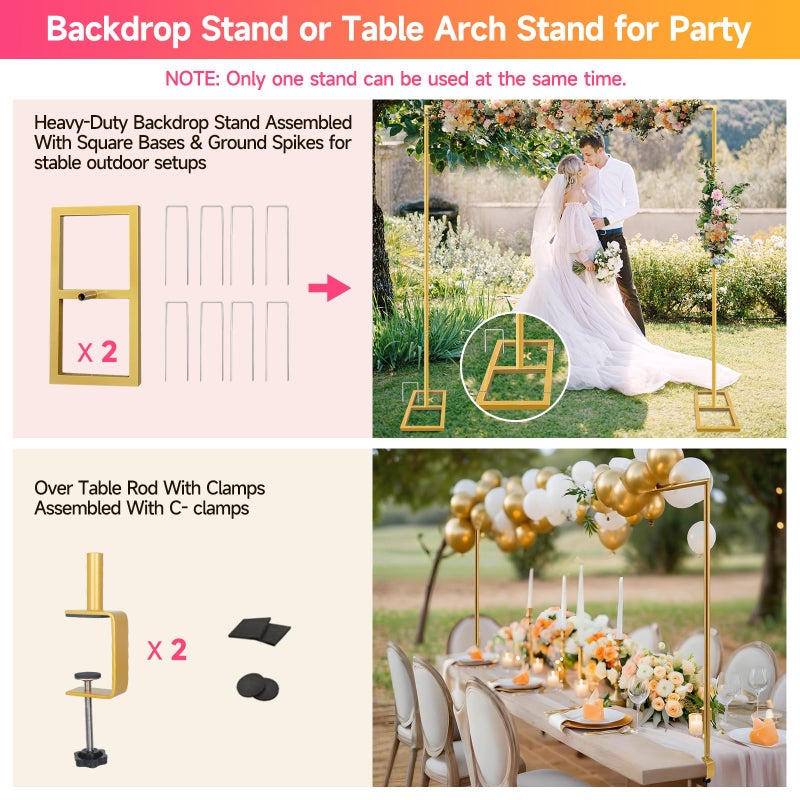 JEBUTU Square Backdrop Stand, Wedding Arch Heavy Duty Adjustable Stand, Over The Table Rod Stand with Clamps, Metal Gold Garden Balloon Frame for Baby Shower Party Decoration - Image 3
