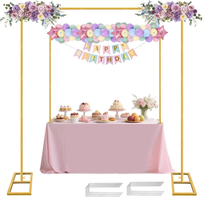 JEBUTU Square Backdrop Stand, Wedding Arch Heavy Duty Adjustable Stand, Over The Table Rod Stand with Clamps, Metal Gold Garden Balloon Frame for Baby Shower Party Decoration - Image 1