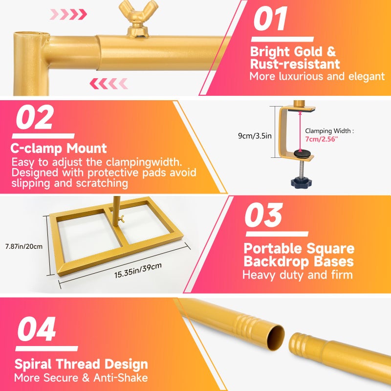 JEBUTU Square Backdrop Stand, Wedding Arch Heavy Duty Adjustable Stand, Over The Table Rod Stand with Clamps, Metal Gold Garden Balloon Frame for Baby Shower Party Decoration - Image 4