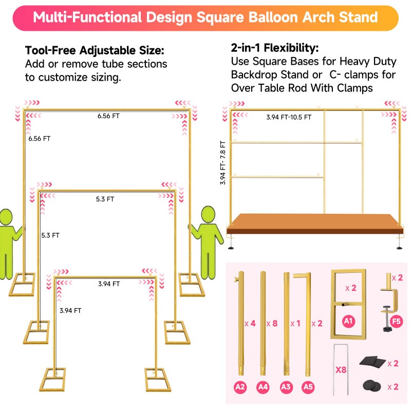 JEBUTU Square Backdrop Stand, Wedding Arch Heavy Duty Adjustable Stand, Over The Table Rod Stand with Clamps, Metal Gold Garden Balloon Frame for Baby Shower Party Decoration - Image 2
