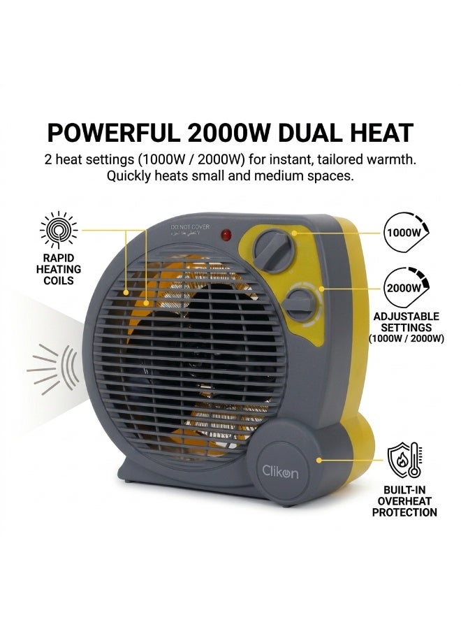 Clikon Fan Heater | Practical Fan Heating Design | Convenient Indoor Heating | Easy Room Heating | Everyday Heating Solution | 2-Year Warranty | CK4240 | Grey and Yellow 2000 W CK4240 Yellow/Grey - Image 3