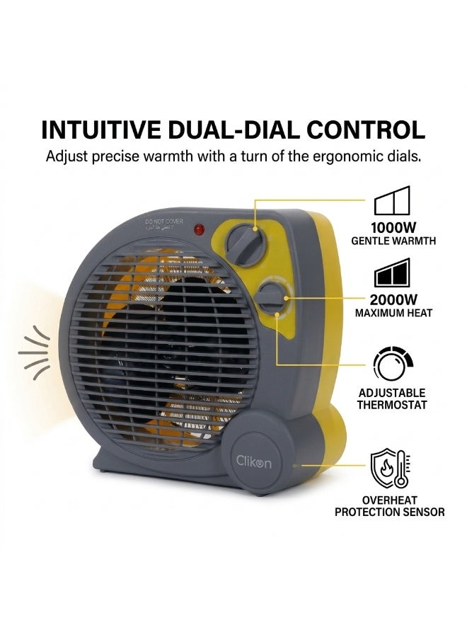 Clikon Fan Heater | Practical Fan Heating Design | Convenient Indoor Heating | Easy Room Heating | Everyday Heating Solution | 2-Year Warranty | CK4240 | Grey and Yellow 2000 W CK4240 Yellow/Grey - Image 2