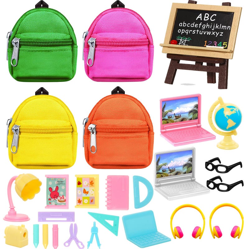ENOCHT 27 Pcs 115 inch Doll School Accessories 4 Doll Backpack Bag with Zipper with Computers Glasses Blackboard 7 Pcs Study Accessories 8 Pcs Stationery Sets 2 headsets - Image 2