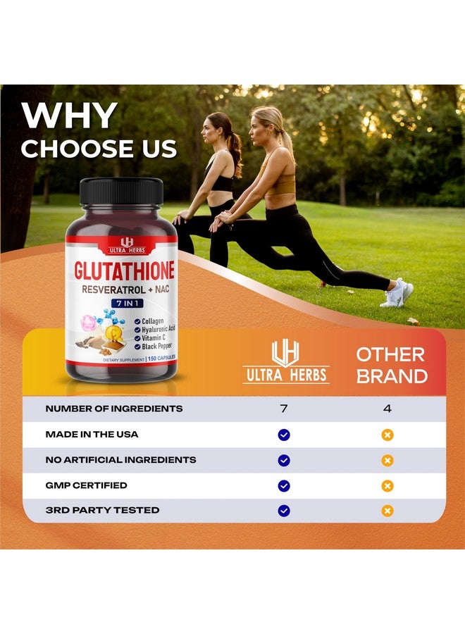 ULTRA HERBS مكمل الجلوتاثيون النشط في صورته المخفضة، مدعوم بالريزفيراترول، NAC، الكولاجين، حمض الهيالورونيك، فيتامين C - مضاد أكسدة متقدم للمناعة وإزالة السموم | 150 كبسولة - Image 2