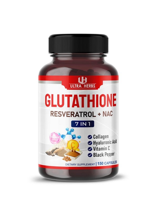 ULTRA HERBS مكمل الجلوتاثيون النشط في صورته المخفضة، مدعوم بالريزفيراترول، NAC، الكولاجين، حمض الهيالورونيك، فيتامين C - مضاد أكسدة متقدم للمناعة وإزالة السموم | 150 كبسولة - Image 1