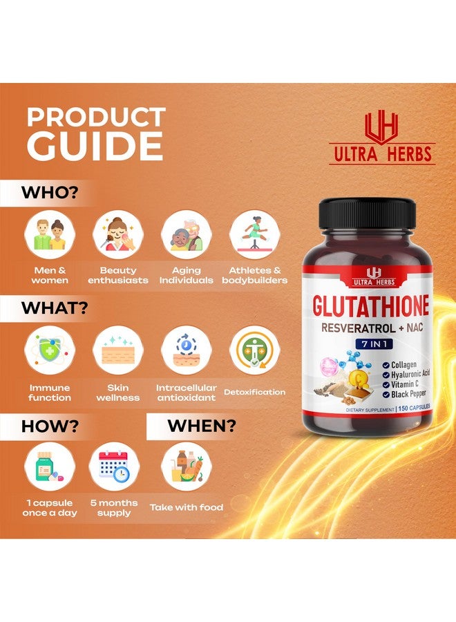 ULTRA HERBS مكمل الجلوتاثيون النشط في صورته المخفضة، مدعوم بالريزفيراترول، NAC، الكولاجين، حمض الهيالورونيك، فيتامين C - مضاد أكسدة متقدم للمناعة وإزالة السموم | 150 كبسولة - Image 5