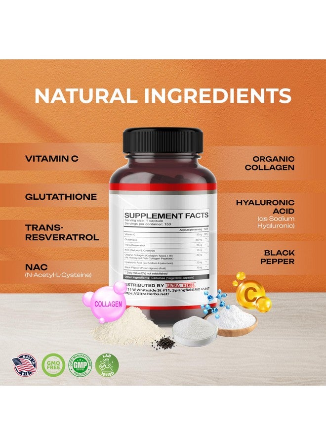 ULTRA HERBS مكمل الجلوتاثيون النشط في صورته المخفضة، مدعوم بالريزفيراترول، NAC، الكولاجين، حمض الهيالورونيك، فيتامين C - مضاد أكسدة متقدم للمناعة وإزالة السموم | 150 كبسولة - Image 3