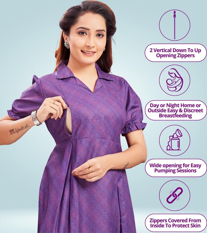 RITIJYA Feeding Kurtis for Women with Zip | Straight Maternity Pregnancy Dress for Nursing Mothers | Viscose Rayon | Maternity Wear Feeding Dress Tops (9242_44,Sweet Perpal) - Image 2