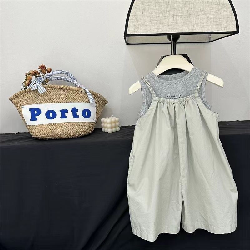 Girls 2025 Summer Suspenders, Stylish Overalls, Casual Suits, Korean Style Baby Girl Sleeveless Vest Two-Piece Set, Trendy - Image 1