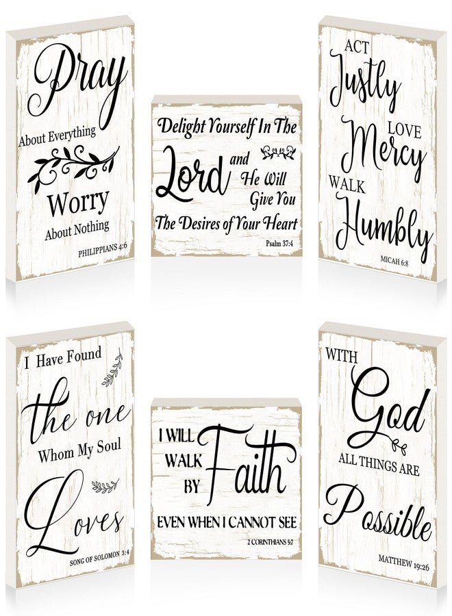 مايتيز مجموعة مايتيز المكونة من 6 قطع من اللافتات الخشبية الصغيرة المزخرفة بآيات الكتاب المقدس، ذات الطابع الديني والإلهامي والريفي، باللون الأبيض العتيق، لتزيين المنزل المسيحي (نمط أنيق). - Image 1
