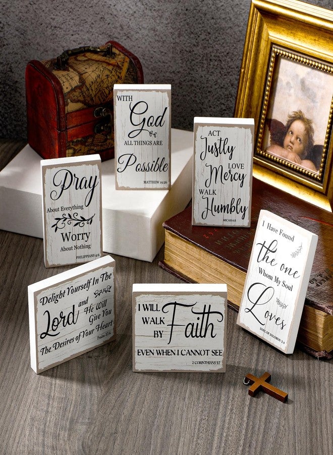 مايتيز مجموعة مايتيز المكونة من 6 قطع من اللافتات الخشبية الصغيرة المزخرفة بآيات الكتاب المقدس، ذات الطابع الديني والإلهامي والريفي، باللون الأبيض العتيق، لتزيين المنزل المسيحي (نمط أنيق). - Image 4